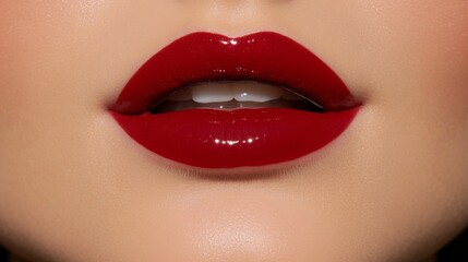 Obraz premium Bold red lipstick application beauty studio makeup tutorial glamorous setting close-up view cosmetic artistry