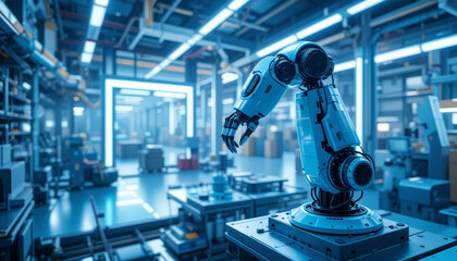 Fototapeta premium futuristic robotic arm is positioned high tech industrial environment, showcasing advanced automation technology. scene is illuminated by blue neon lights, creating modern and innovative