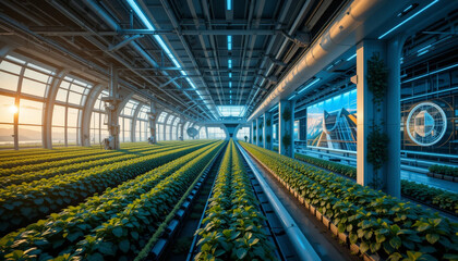 Naklejka premium modern greenhouse filled with rows of vibrant green plants, illuminated by natural light streaming through large windows. futuristic design features advanced technology and clean, organized layout