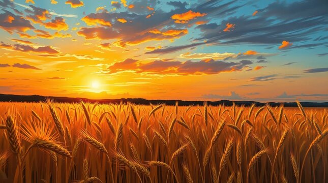  Golden Wheat Field Under Warwheat field, golden sunset, rural landscape, warm colors, farm scenery, peaceful nature, photorealistic countryside, 8K,nm Sunset Breeze &ndash; Stunning 8K Countryside Scene,

