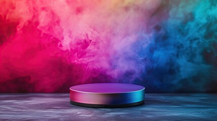 Colorful smoke backdrop with iridescent round podium.