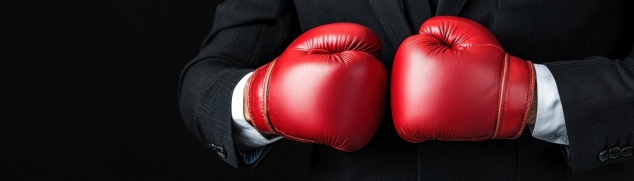 A person in a suit holding red boxing gloves, ready for a match or competition.