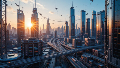 Fototapeta premium stunning futuristic cityscape at sunset, showcasing towering skyscrapers, intricate roadways, and vibrant skyline filled with flying vehicles. scene evokes sense of innovation and progress