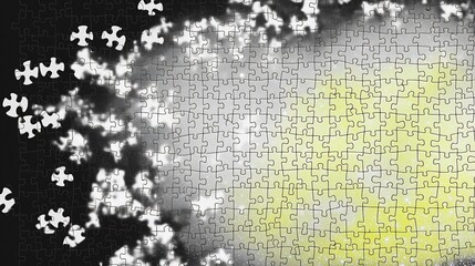 Neon yellow puzzle pieces forming greyscale galaxy unity chaos