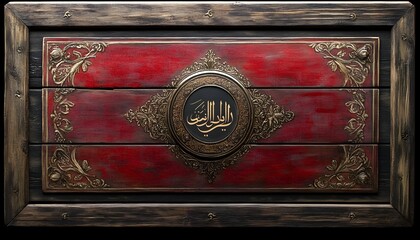 Arabic calligraphy framed wood art, ornate detail, dark background, home decor