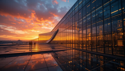 Obraz premium stunning sunset reflects off glass facade of modern building, showcasing vibrant colors in sky. Two silhouettes stand together, enjoying breathtaking view