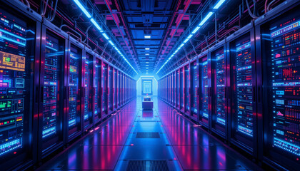 futuristic data center with rows of servers illuminated by vibrant blue and pink lights creates high tech atmosphere. glowing panels and cables enhance modern feel of this digital environment