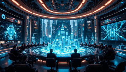futuristic conference room filled with professionals discussing advanced technology and urban development. room features large holographic cityscape and digital displays showcasing data