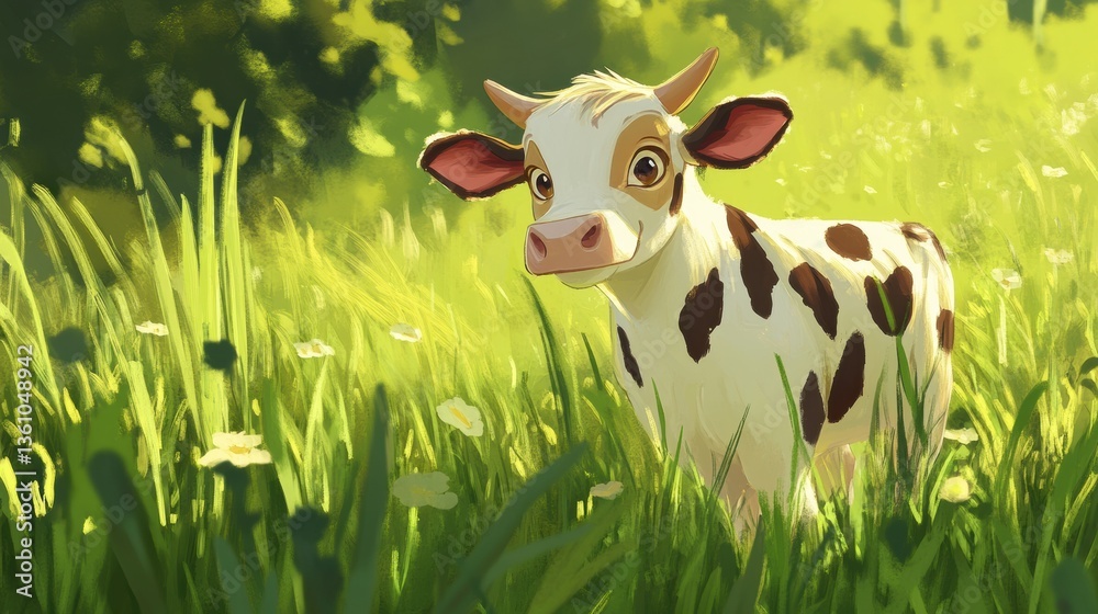 Poster joyful dairy cow enjoys a sunny day in a lush green meadow filled with wildflowers and gentle sunlig