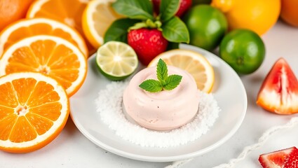 "Close-Up of Fresh Citrus & Strawberry Mousse Desserts on White Plate"