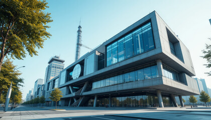 Obraz premium Modern architecture showcases sleek building with large glass windows and unique geometric design, surrounded by trees and clear blue sky, evoking sense of innovation and urban life