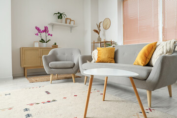 Interior of living room with wooden commode, sofa and armchair