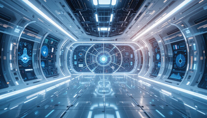 Fototapeta premium Futuristic control room with advanced technology, glowing screens, and central holographic display. sleek design and blue lighting create high tech atmosphere, perfect for sci fi settings 