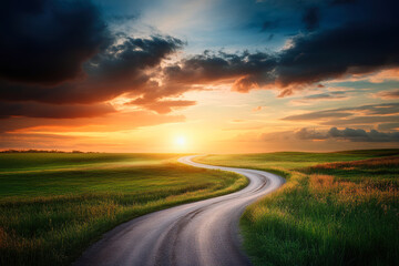 Fototapeta premium A tranquil sunset illuminates a winding road, bordered by lush green fields and dramatic clouds, creating a perfect balance of nature's beauty and peaceful solitude.