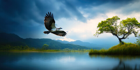 Fototapeta premium A majestic bird glides gracefully above a tranquil lake, framed by lush greenery and towering mountains.