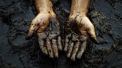 Naklejka premium Hand covered by black spilled crude oil petroleum in sea.