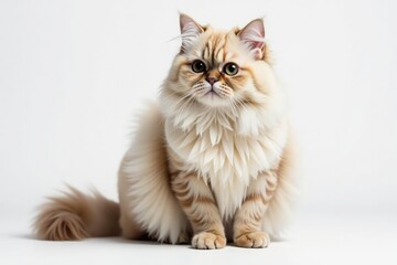 Fototapeta premium Fluffy Persian cat sits on white background, gazing intently , studio shot, Persian cat, purebred
