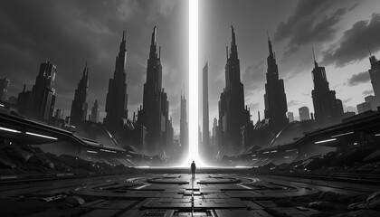 futuristic cityscape with towering skyscrapers and bright vertical light source creates dramatic atmosphere. monochrome palette enhances sense of mystery and awe