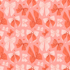 Coquette seamless pattern with various red and pink bows on pink background. Hand drawn vector illustration. Cute design for wedding celebration, holiday, party decoration, gift, present concept.