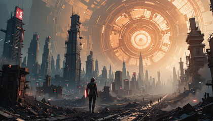 futuristic cityscape with towering skyscrapers and glowing circular structure in sky creates sense of awe and wonder. scene evokes feelings of exploration and adventure in sci fi world