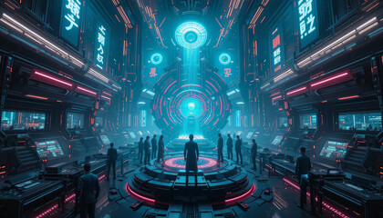 Obraz premium futuristic digital environment featuring high tech control room with glowing neon lights and intricate machinery. scene is filled with silhouettes of people engaged meeting, creating sense