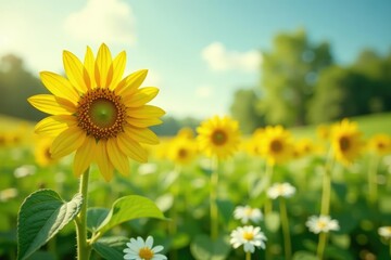 Obraz premium One yellow sunflower in field of white flowers, focal point, sunflower, sunny