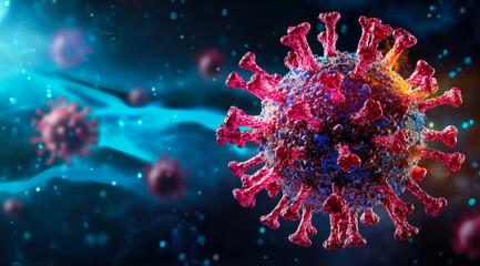 Explore the intricate design of a virus under a microscope, showcasing its complex structure and vibrant colors amidst a digital abstract background.