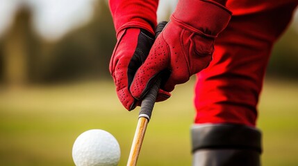 Close-up of a Golfer's Hands in Red Gloves Preparing to Strike a White Golf Ball on a Sunny Day