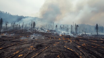 Devastated aftermath scene of wild forest fire.