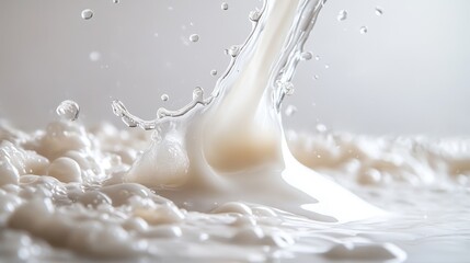 A close-up of a milk pour from the top right, frozen mid-air in ultra-high resolution. Clean, bright white background with professional studio lighting.