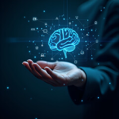 Innovation's Embrace: A person tenderly holds a glowing, luminous brain, symbolizing intelligence and innovation, within a futuristic digital network.
