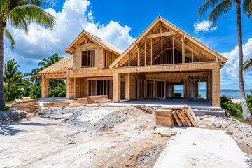 A new construction tropical beachfront Florida luxury home, wood frame, building site, real estate
