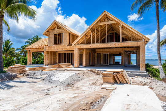 A new construction tropical beachfront Florida luxury home, wood frame, building site, real estate
