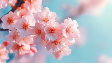 Obraz premium Cherry blossom branches in soft pastel colors. Spring-themed composition featuring delicate cherry blossoms gently swaying in the breeze