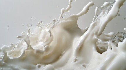 A silky stream of milk cascading from the top right, frozen in motion. Studio-lit with high detail, super realistic, and a crisp white backdrop.