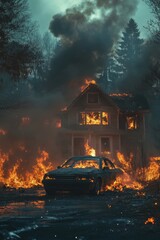 House on fire. Flame, smoke. Devastating wild fire.