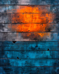Naklejka premium A striking composition of worn wooden planks, showcasing dramatic contrasts of orange, blue, and gray hues, evoking a sense of depth and rustic charm.