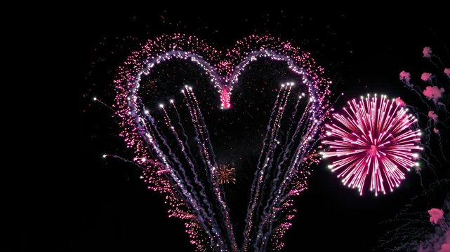 Aerial video captures vibrant pink fireworks forming a heart shape against a dark sky, creating a romantic and celebratory atmosphere. Live desktop wallpaper.