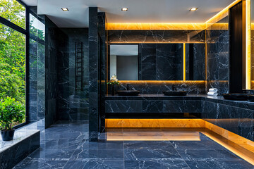 Black marble tile bathroom interior design with warm gold lighting, luxury home