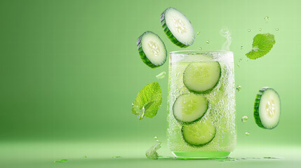 Refreshing cucumber lemonade with floating cucumber slices and mint leaves, creating vibrant green aesthetic that evokes sense of coolness and rejuvenation