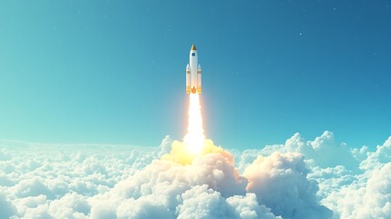 Naklejka premium Rocket Launching into Clear Blue Sky, A rocket launching into a clear blue sky, surrounded by fluffy clouds