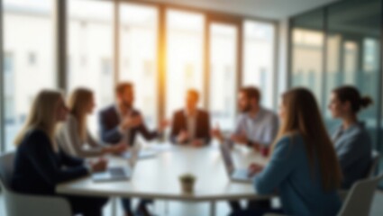 Fototapeta premium A blurry office meeting with eight people around a table, lit by a large window. The scene is professional yet informal, with natural light and minimal decor.