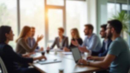 A blurry office meeting with eight people around a table, lit by a large window. The scene is professional yet informal, with natural light and minimal decor.