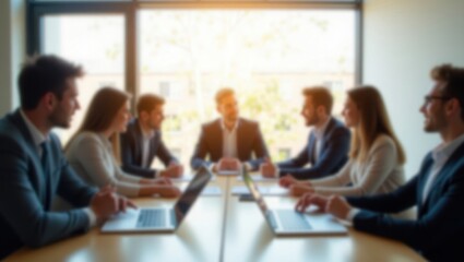 A blurry office meeting with eight people around a table, lit by a large window. The scene is professional yet informal, with natural light and minimal decor.