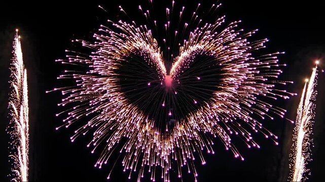Aerial view of heart-shaped fireworks exploding in vibrant pink against a dark sky, capturing a romantic celebration in a video style. Live desktop wallpaper.