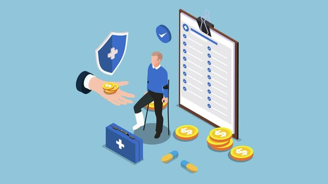 Health Insurance and Medical Compensation Concept &ndash; Financial Support for Injured Patients 3d animation cartoon
