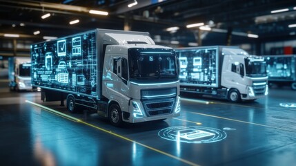 Futuristic Electric Truck with Digital Interface in a High-Tech Warehouse Environment for Transportation Innovation