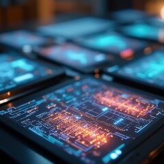 Obraz premium Close-up view of digital screens displaying complex technology interfaces.