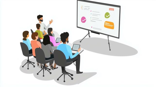 Photorealistic image of a virtual workshop facilitator using a large digital whiteboard, with participant input visible on screen**
