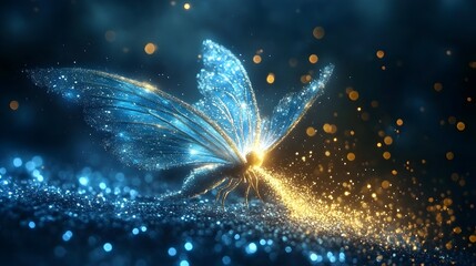 Glowing blue butterfly on glittering surface, magical night scene, fantasy art